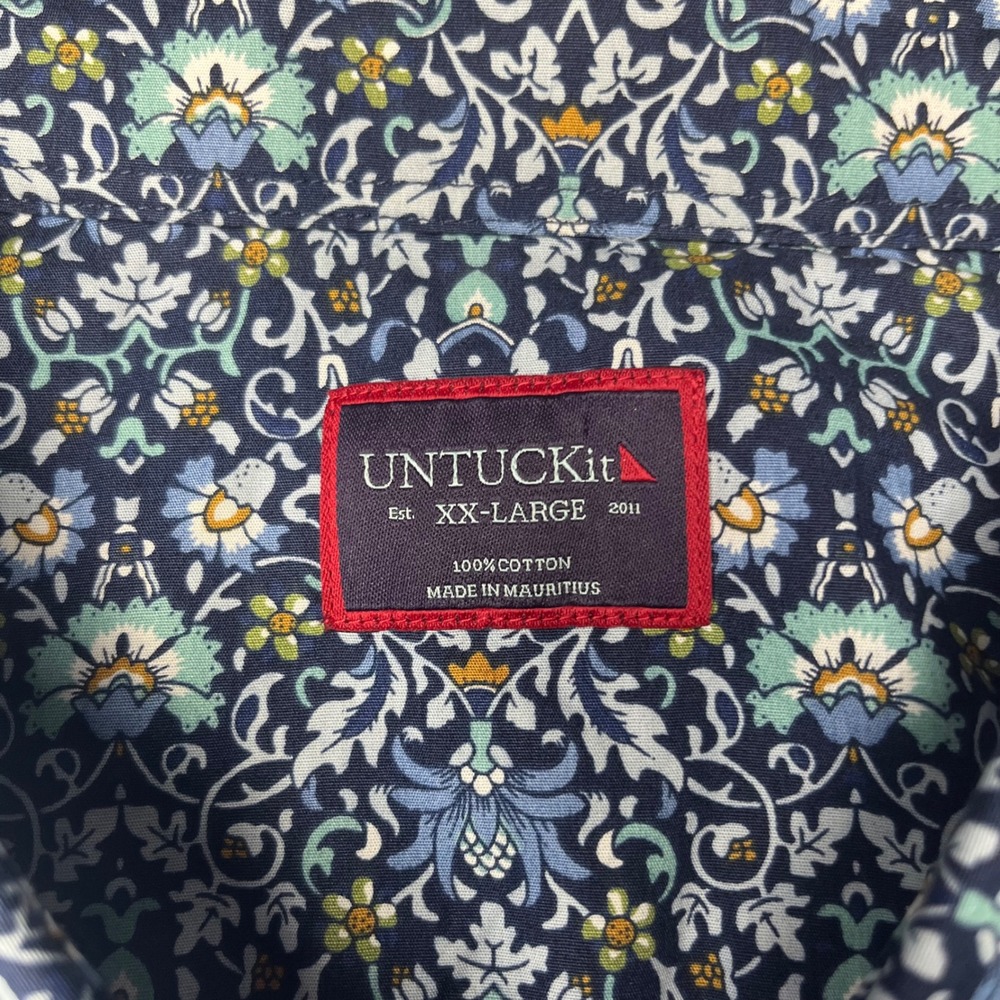 UNTUCKit Alverdi Button Down Shirt Mens XXL Blue Floral Damask Short Sleeve - Picture 3 of 9